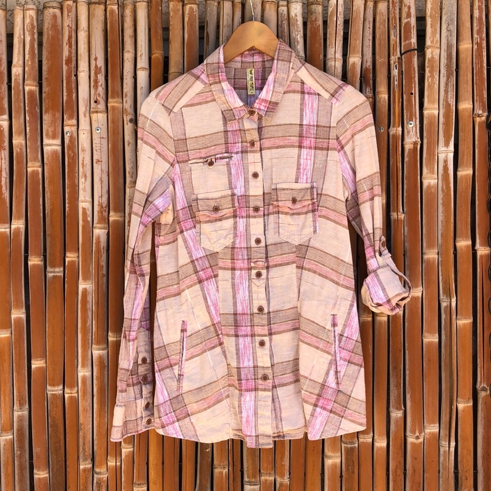 FREE PEOPLE Plaid Linen Blend Button Up Shirt with Pockets